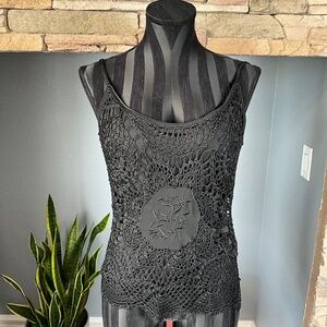 Y2K Whimsigoth Fairygrunge Crochet Tank Top Party Event Concert Floral Black S